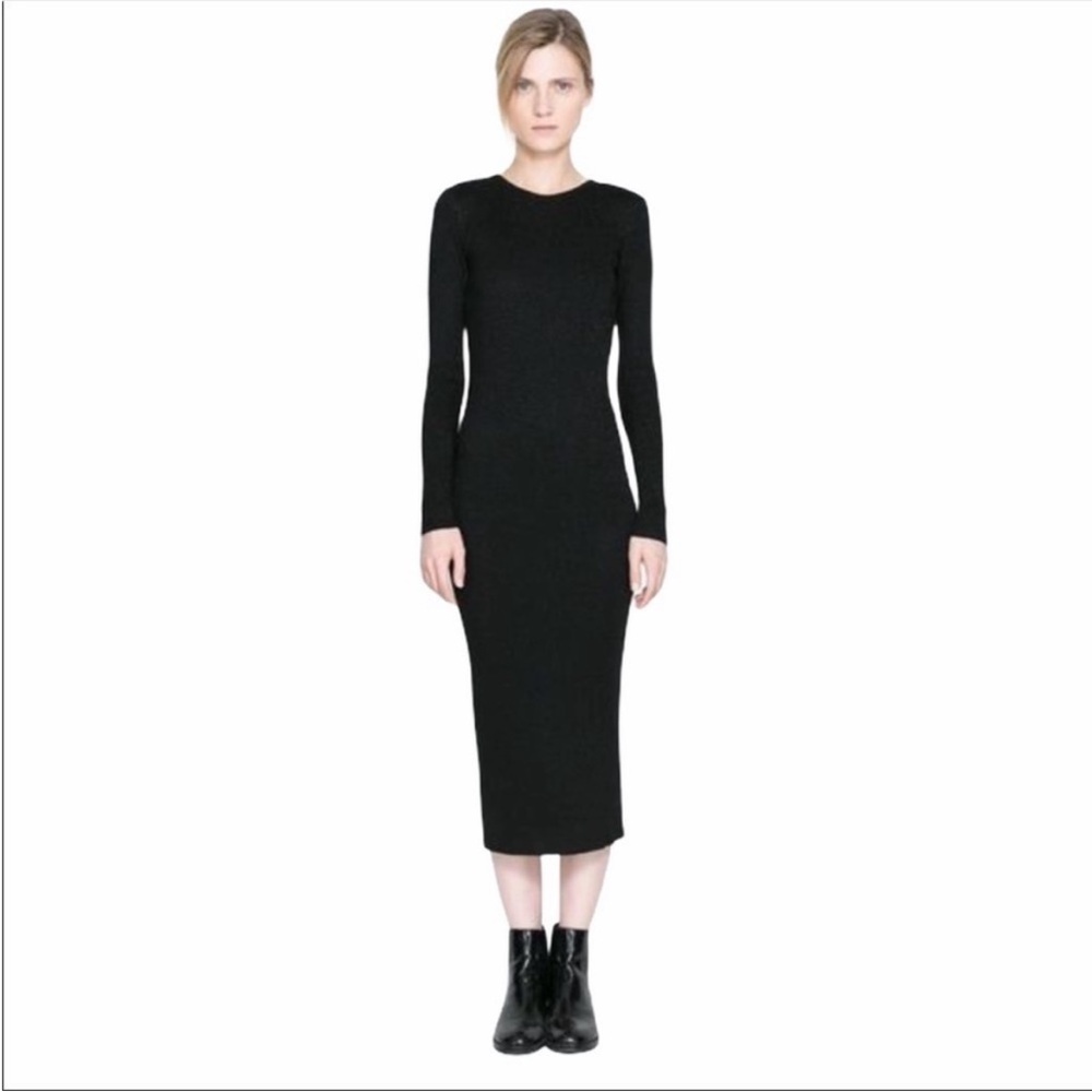 Zara Black Long Sleeve Midi Dress ribbed knit sz S bodycon long pullover